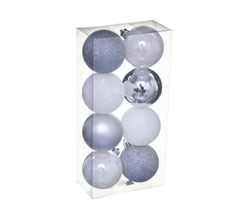 XMAS BALLS 8PC 70MM SILVER/WHT