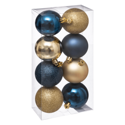 XMAS BALLS 8PCS 70MM BLUE/GOLD