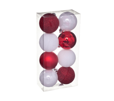 XMAS BALLS 8PCS 70MM WHT/RED