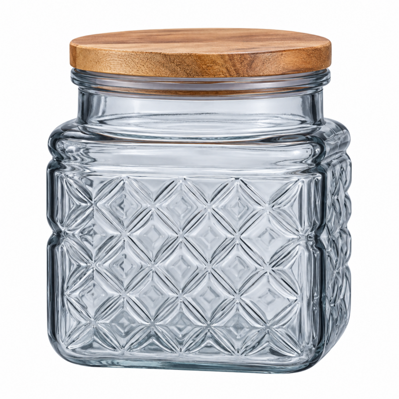 SQ TEXTURED GLASS JAR W/LID 37
